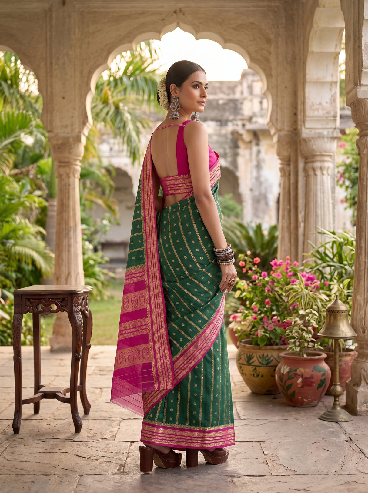 MIMOSA Bottle Green Saree Saree — pose 5 styling detail
