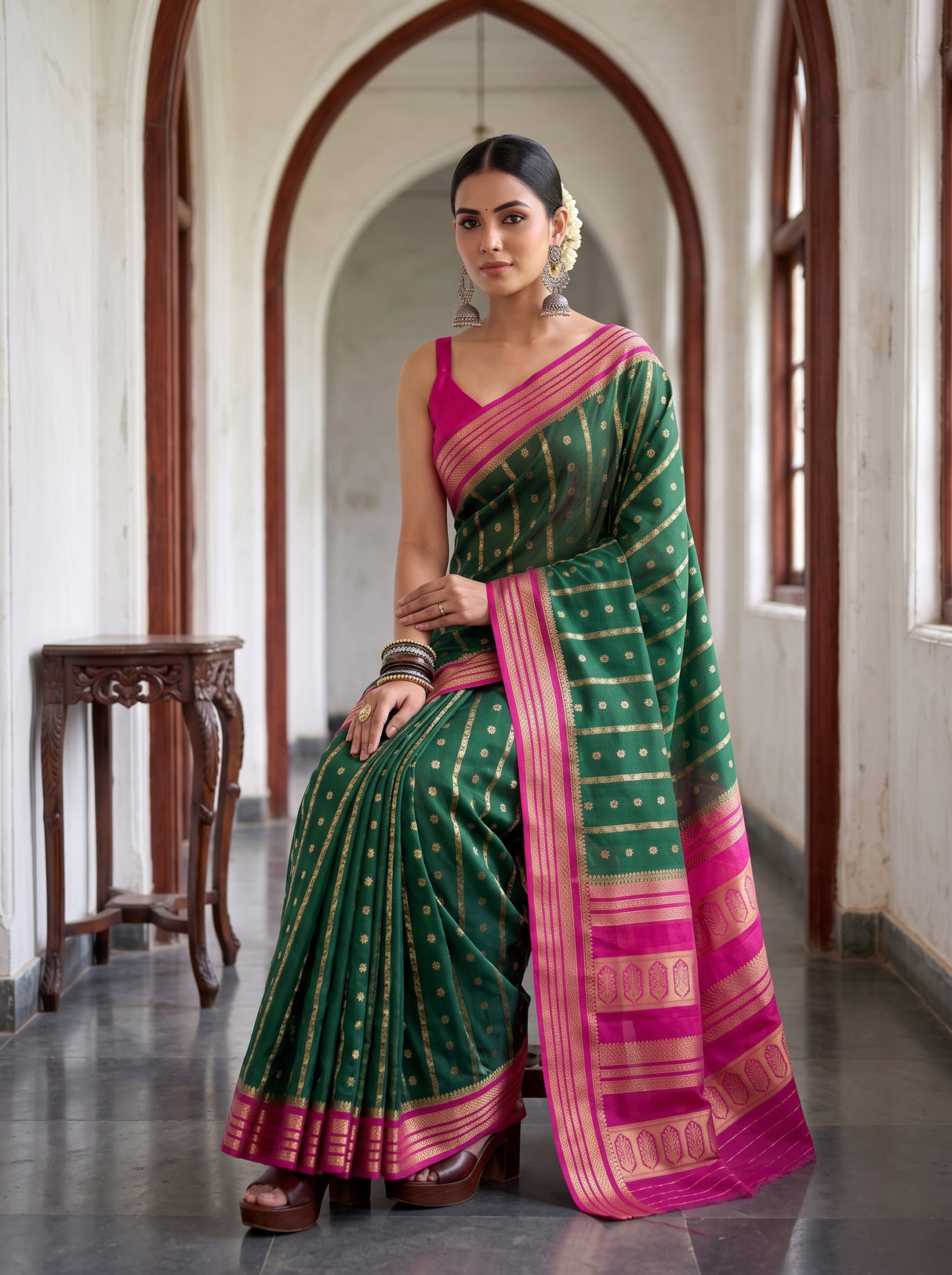 MIMOSA Bottle Green Saree Saree — pose 8 styling detail