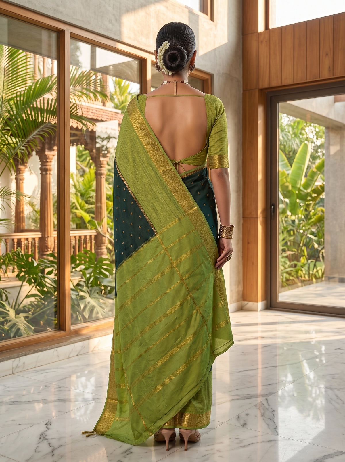 MIMOSA Bottle Green Mysore Silk crepe Saree — saree shot pallu and body