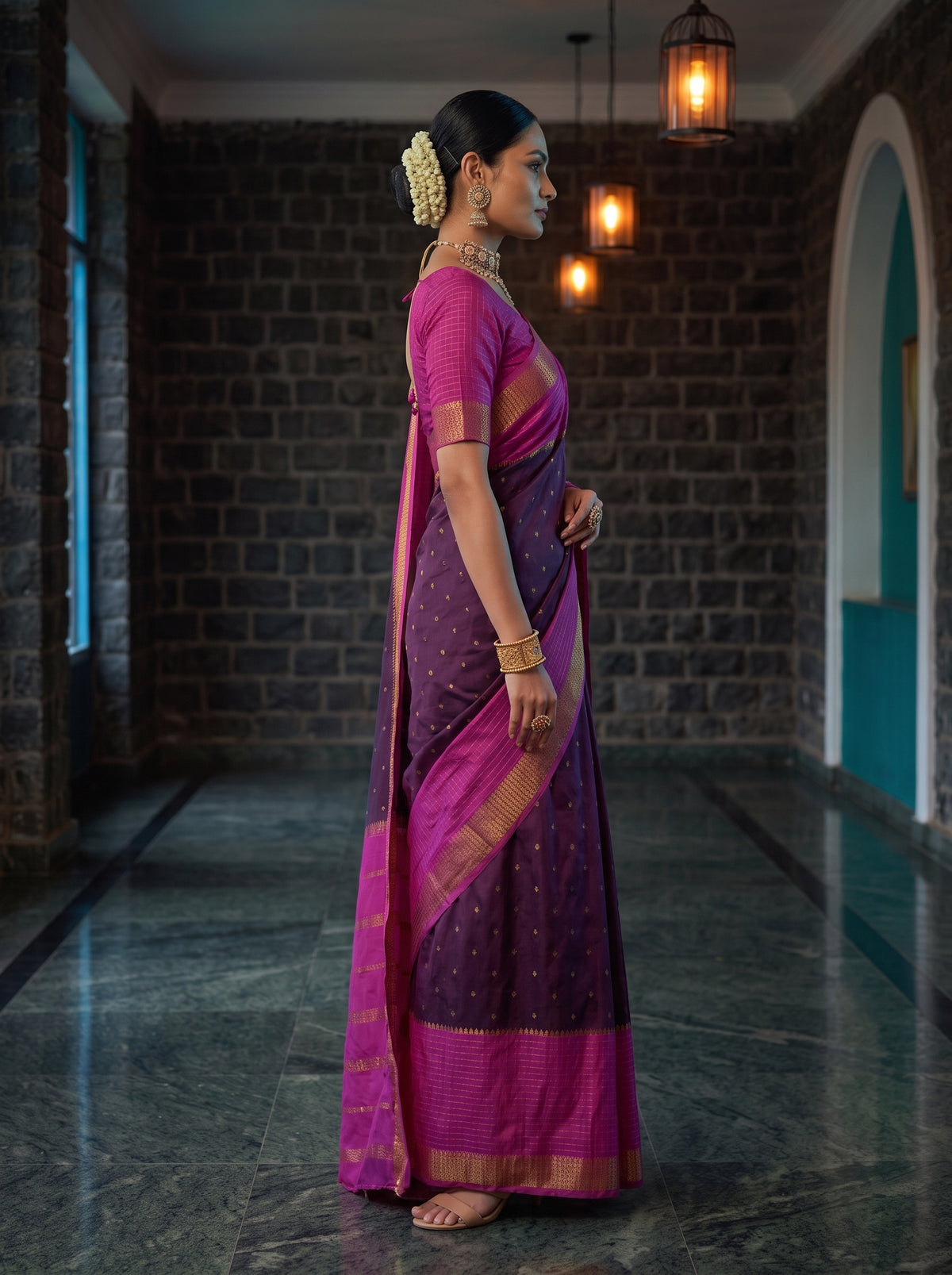 MIMOSA Jamun Mysore Silk crepe Saree — pose 3 styling detail