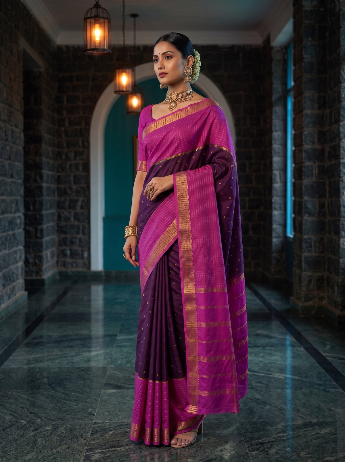 MIMOSA Jamun Mysore Silk crepe Saree — pose 5 styling detail