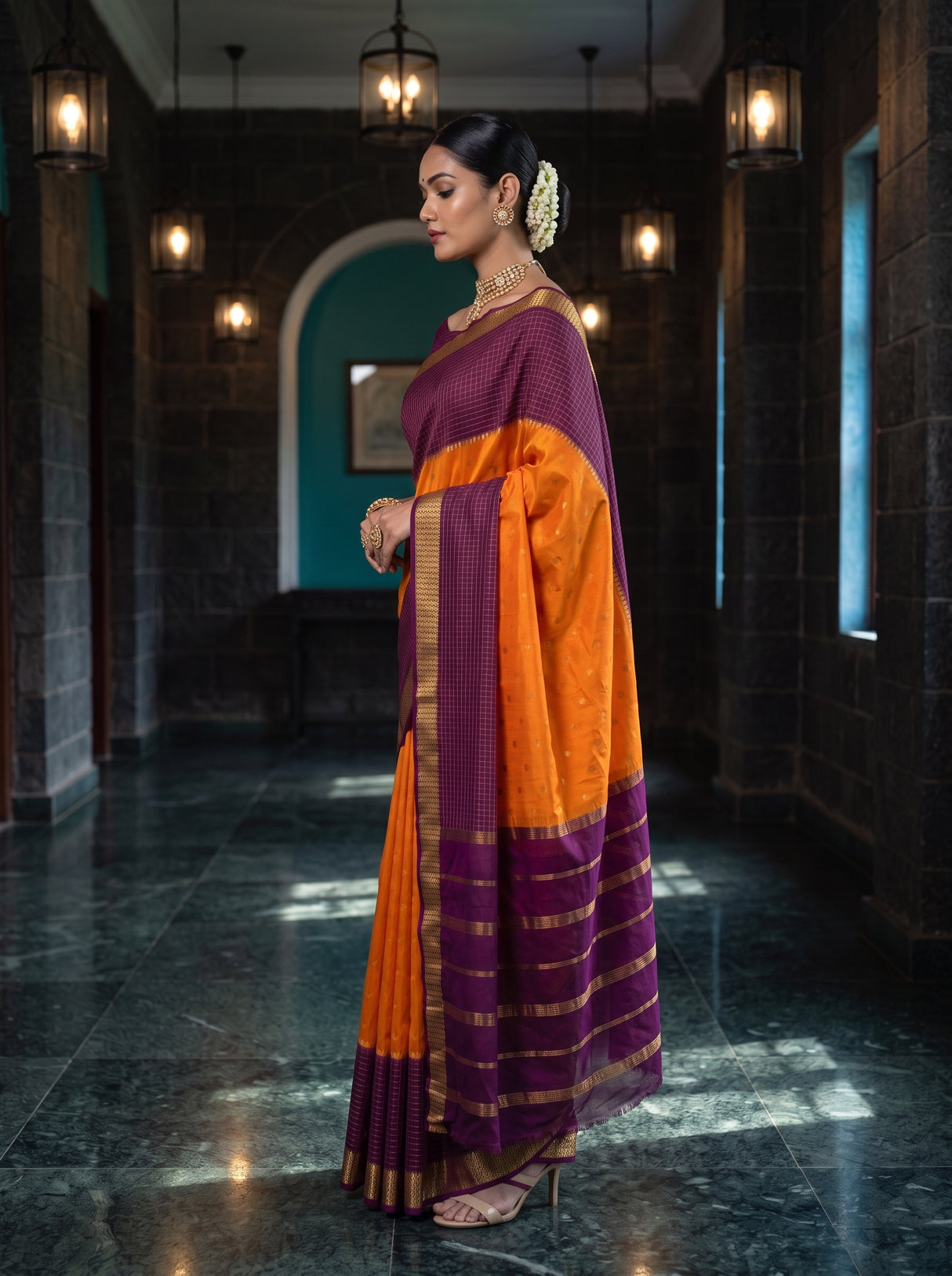 MIMOSA Mustard Mysore Silk crepe Saree — pose 3 styling detail