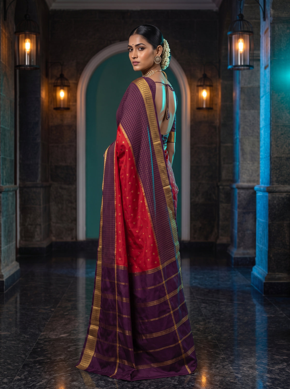 MIMOSA Red Mysore Silk crepe Saree — pose 9 styling detail