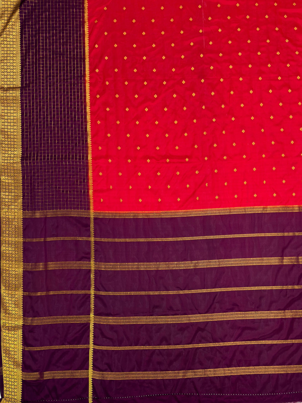 MIMOSA Red Mysore Silk crepe Saree — pallu and zari work detail