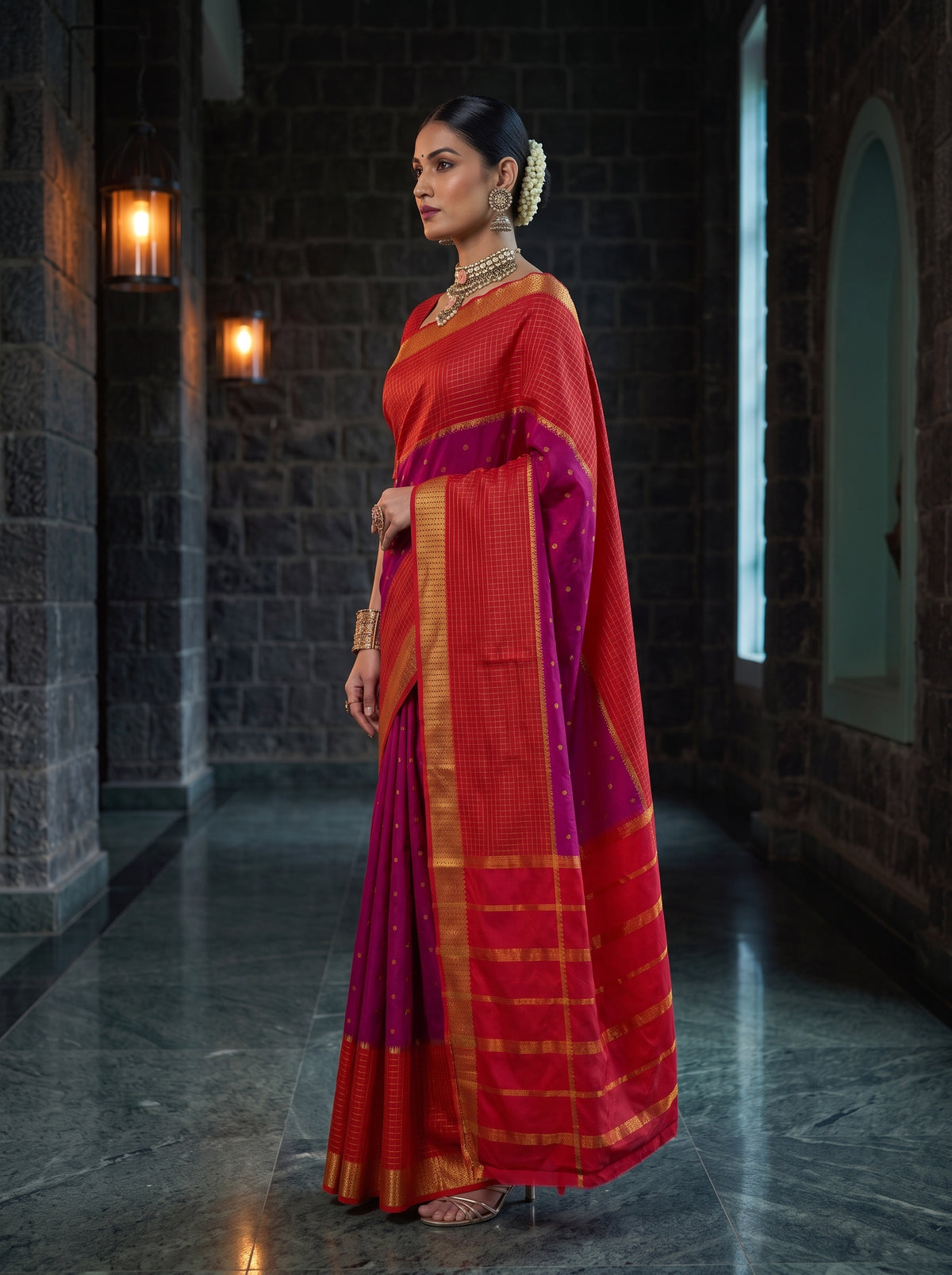 MIMOSA Rani Mysore Silk crepe Saree — pose 3 styling detail