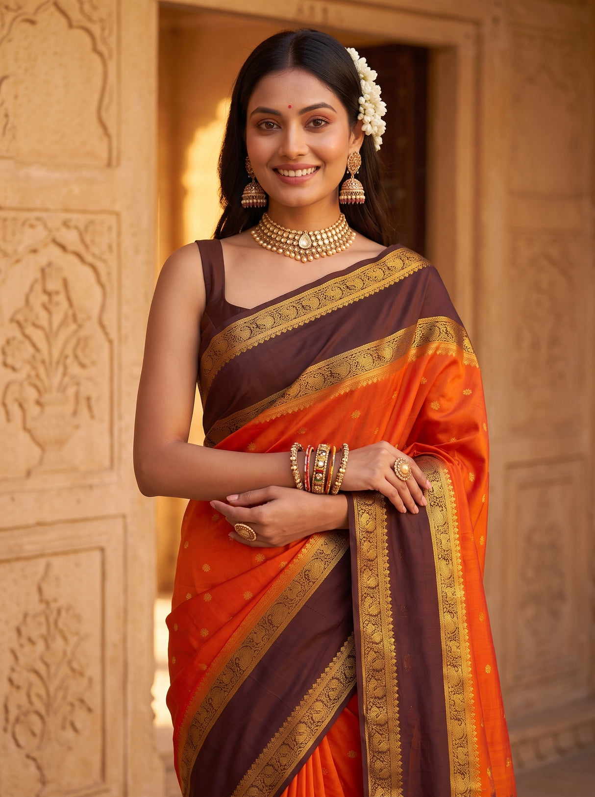 MIMOSA Orange Saree Saree — pose 10 styling detail
