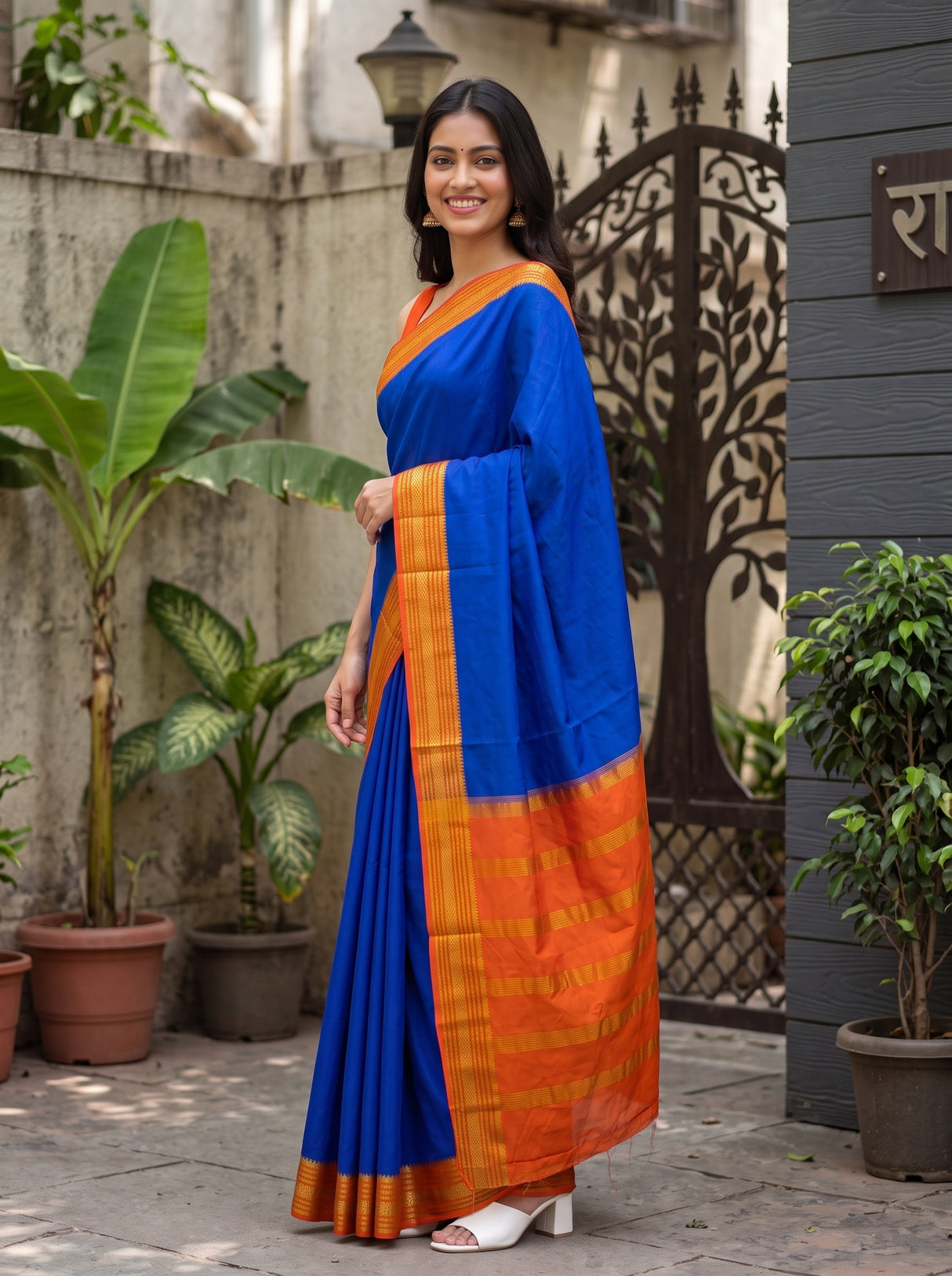 MIMOSA Royal Blue Mysore Silk Crepe Saree — pose 3 styling detail