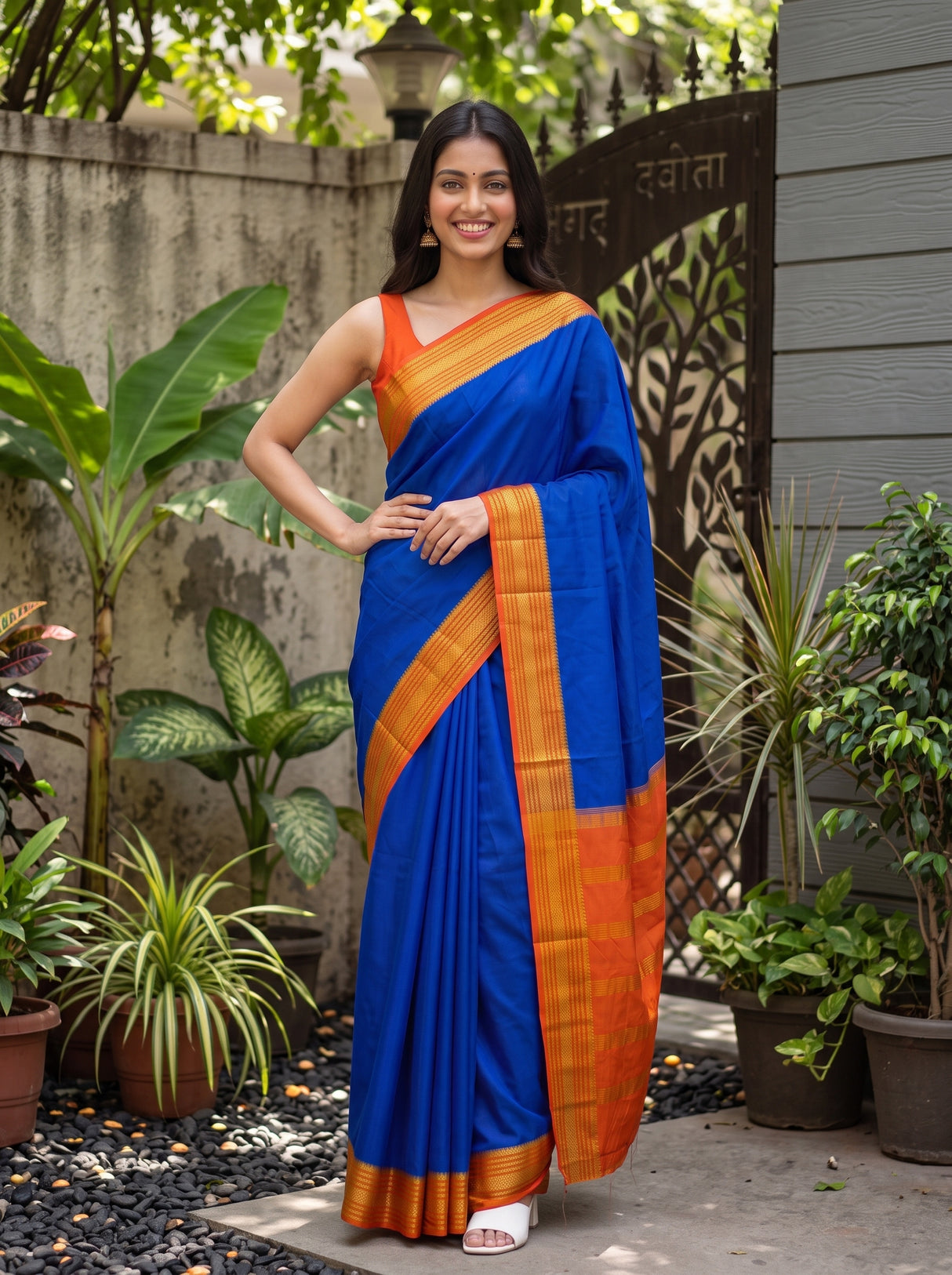 MIMOSA Royal Blue Mysore Silk Crepe Saree — pose 4 styling detail