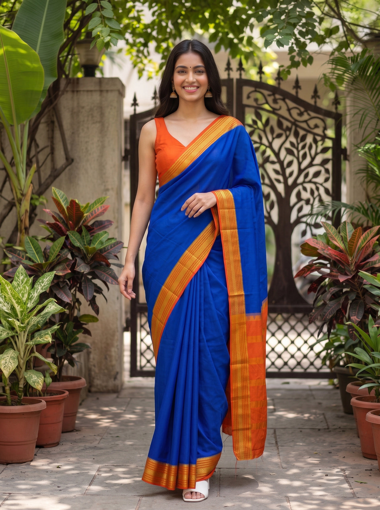 MIMOSA Royal Blue Mysore Silk Crepe Saree — pose 6 styling detail