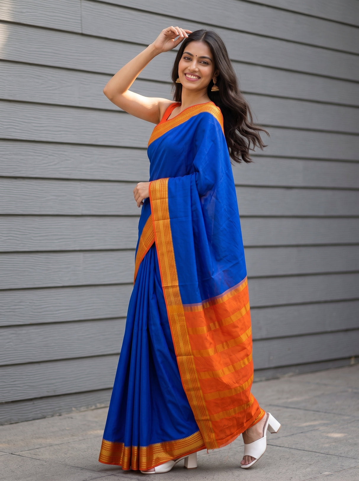 MIMOSA Royal Blue Mysore Silk Crepe Saree — pose 9 styling detail