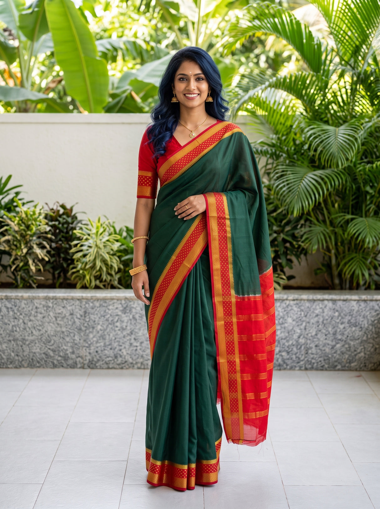 MIMOSA Bottle Green Mysore Silk Crepe Saree — front view on mannequin