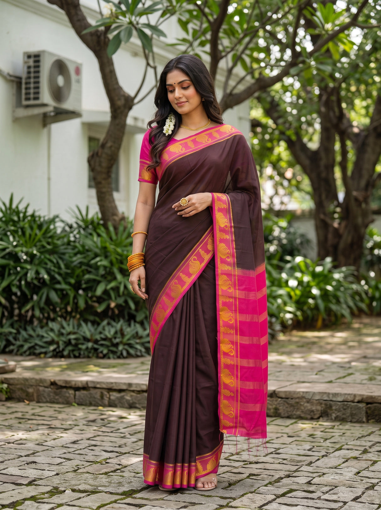 MIMOSA Chocolate Saree Saree — pose 10 styling detail