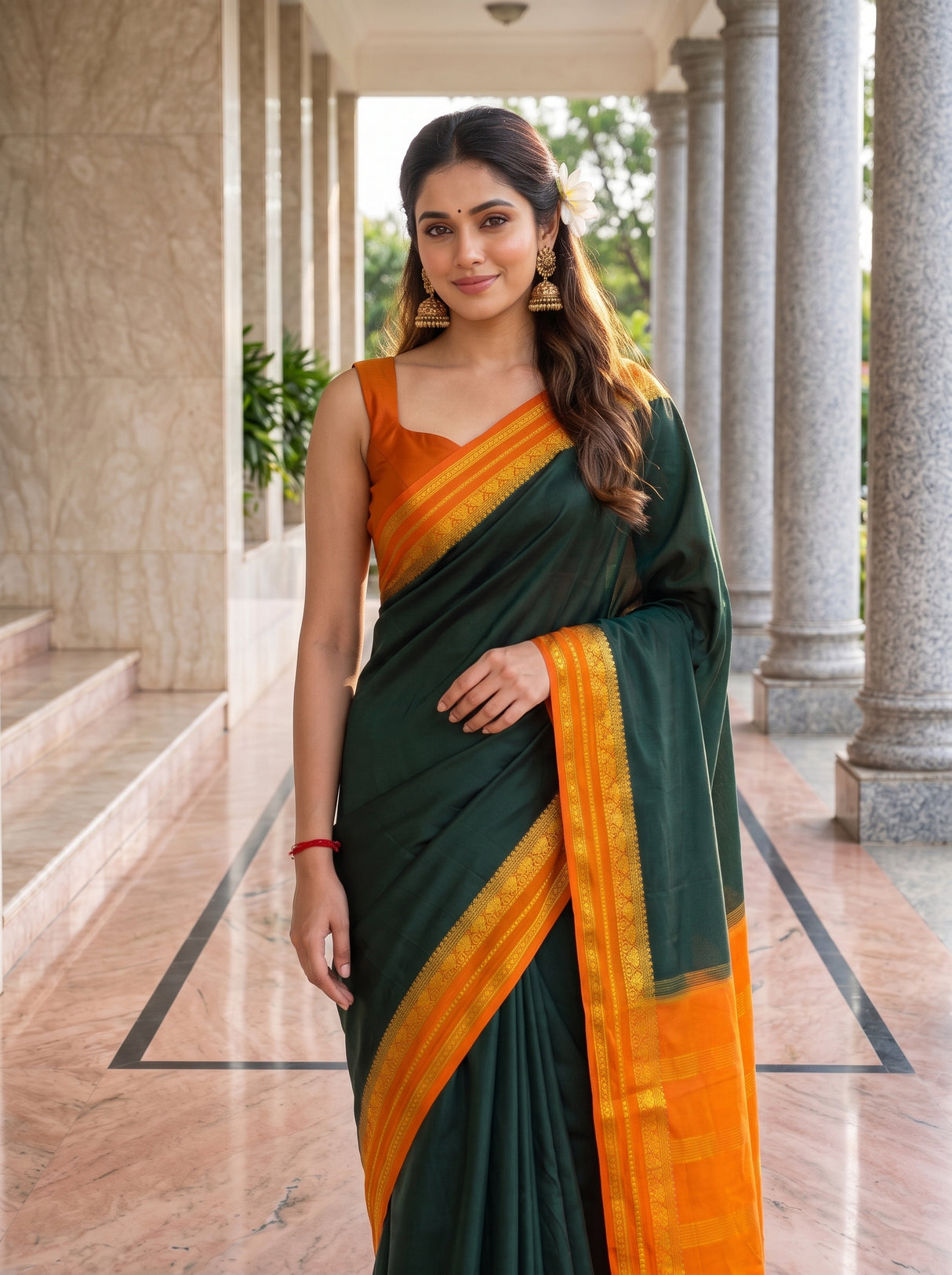 MIMOSA Bottle Green Mysore Silk Crepe Saree — pose 10 styling detail