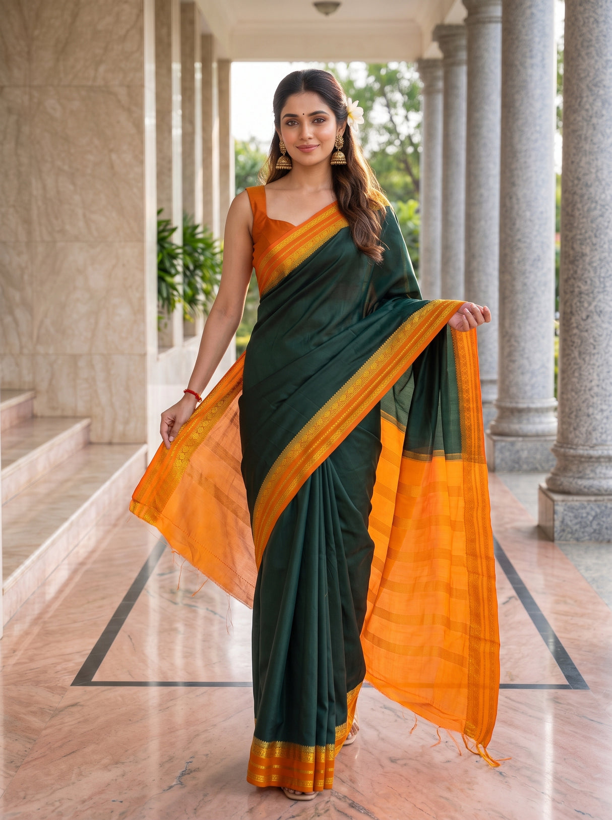 MIMOSA Bottle Green Mysore Silk Crepe Saree — pose 6 styling detail