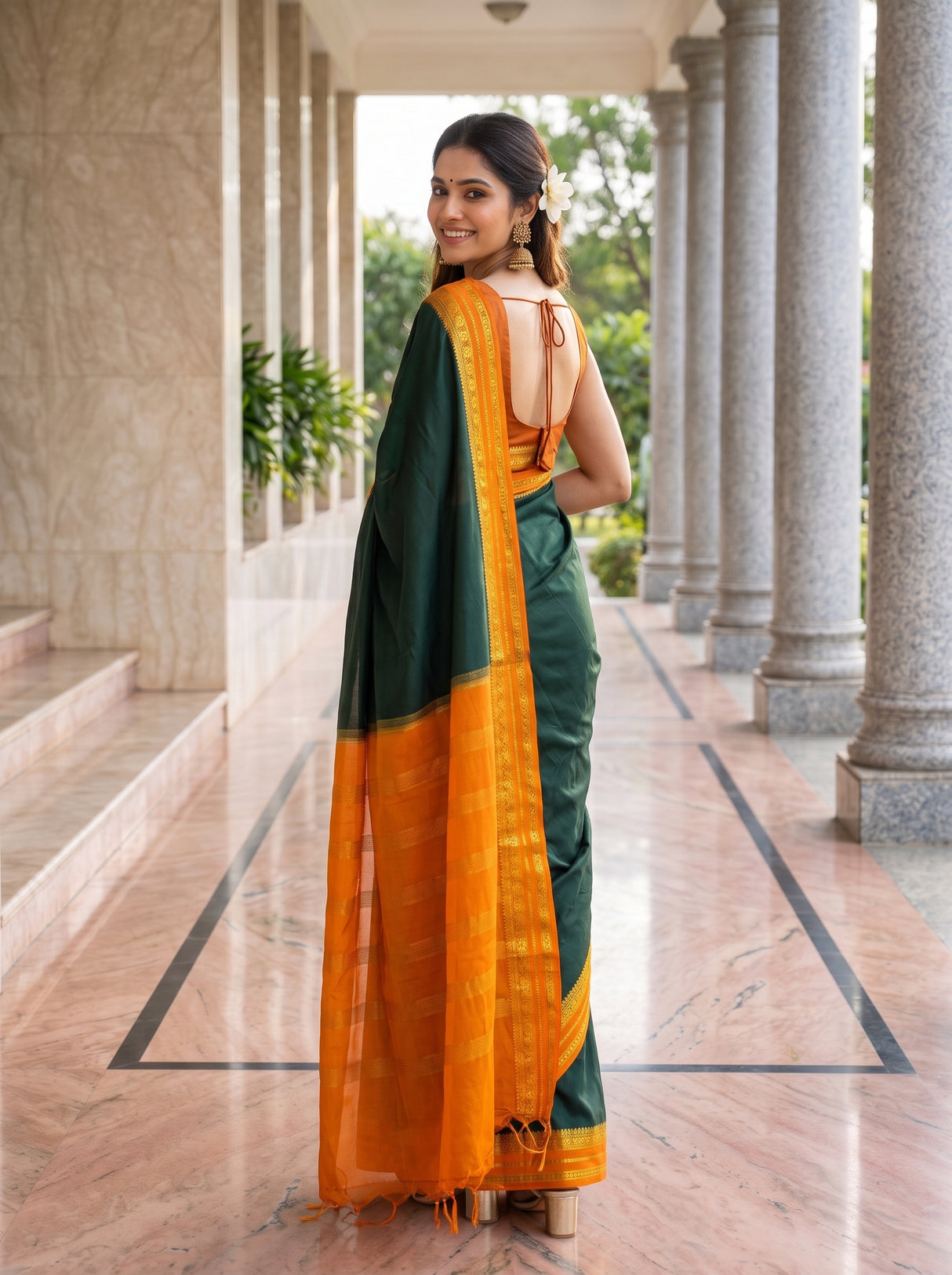 MIMOSA Bottle Green Mysore Silk Crepe Saree — pose 7 styling detail