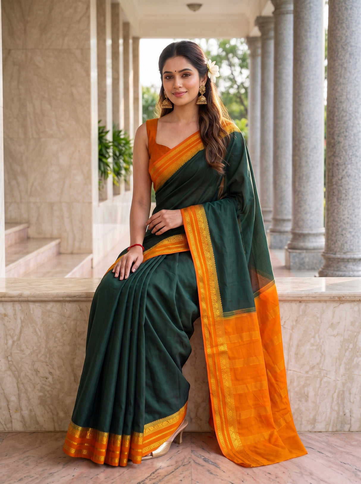 MIMOSA Bottle Green Mysore Silk Crepe Saree — pose 8 styling detail