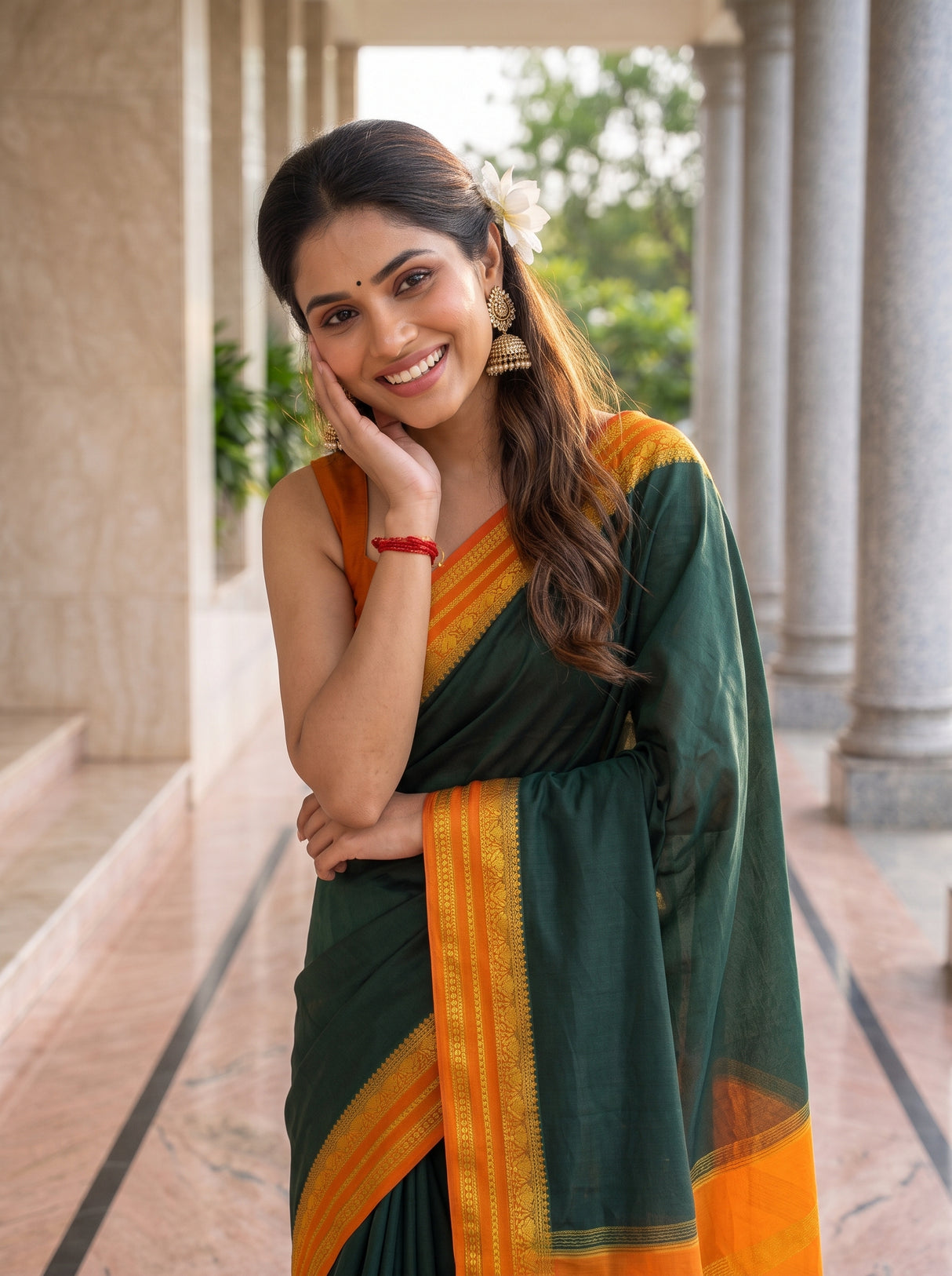 MIMOSA Bottle Green Mysore Silk Crepe Saree — pose 9 styling detail