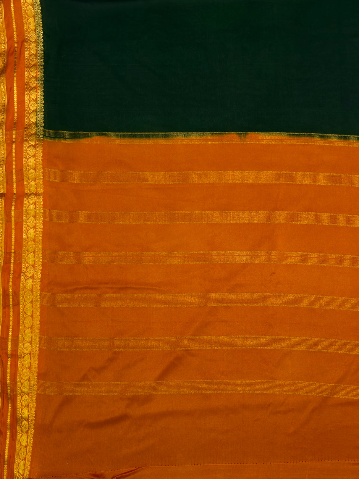 MIMOSA Bottle Green Mysore Silk Crepe Saree — pallu and zari work detail