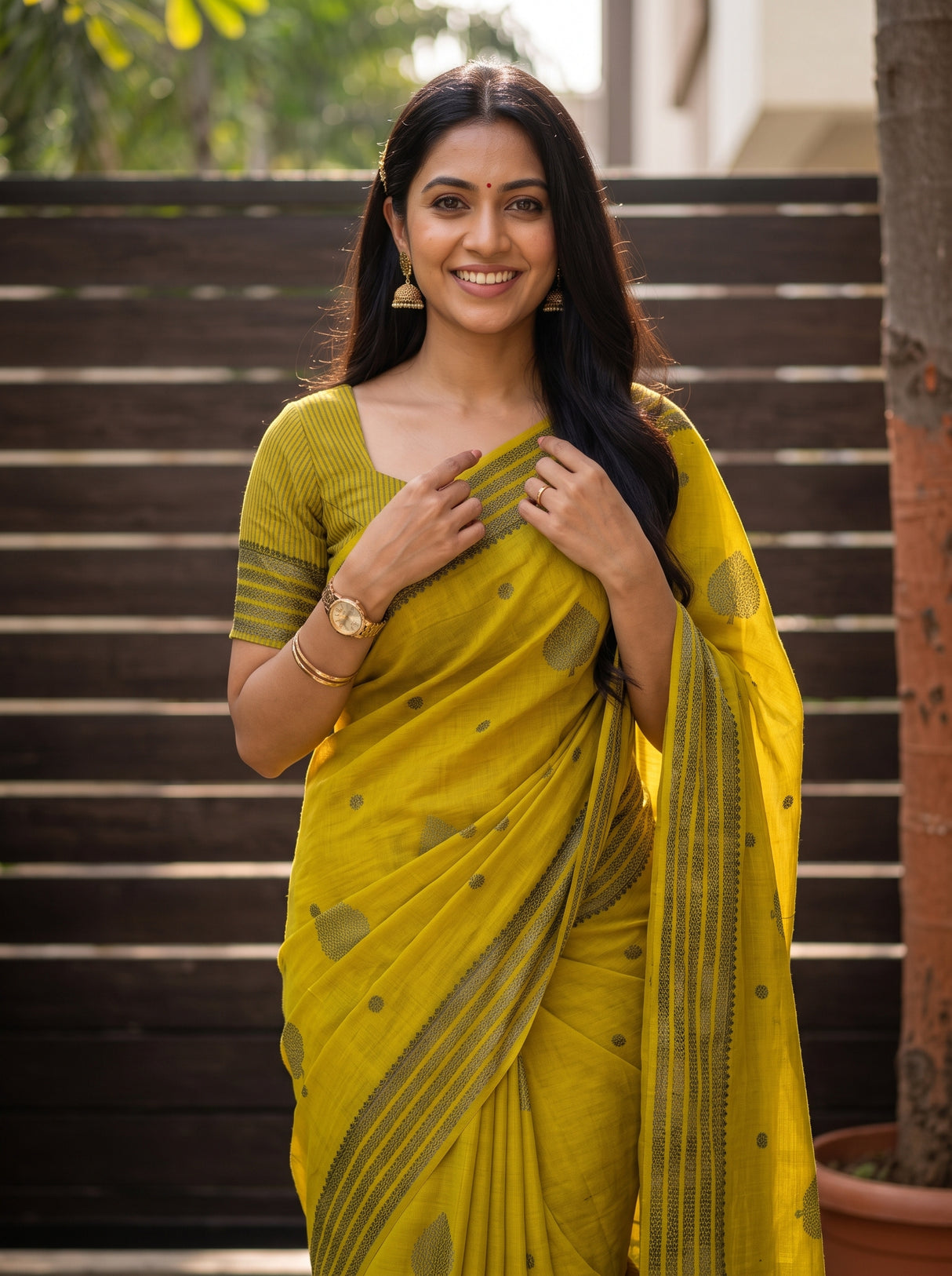 MIMOSA Lemon Banarasi tusser Saree — pose 10 styling detail