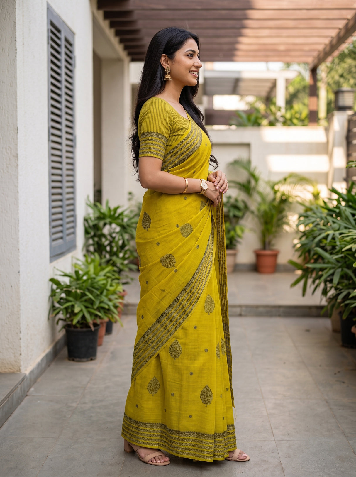 MIMOSA Lemon Banarasi tusser Saree — close-up of pallu and body