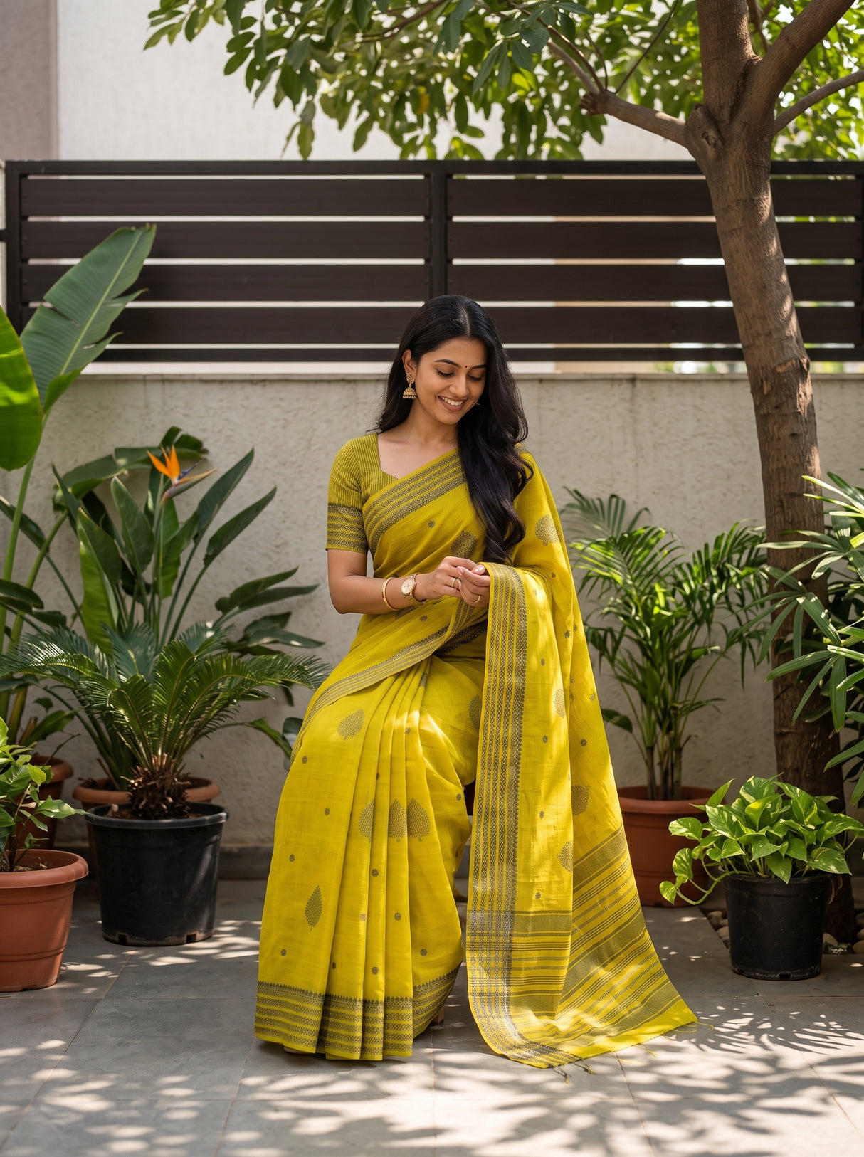 MIMOSA Lemon Banarasi tusser Saree — full drape detail