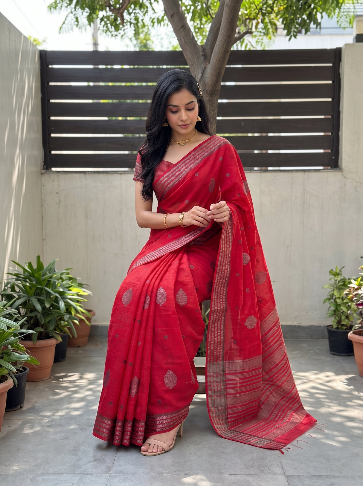 MIMOSA Strawberry Banarasi tusser Saree — detail of fabric weave