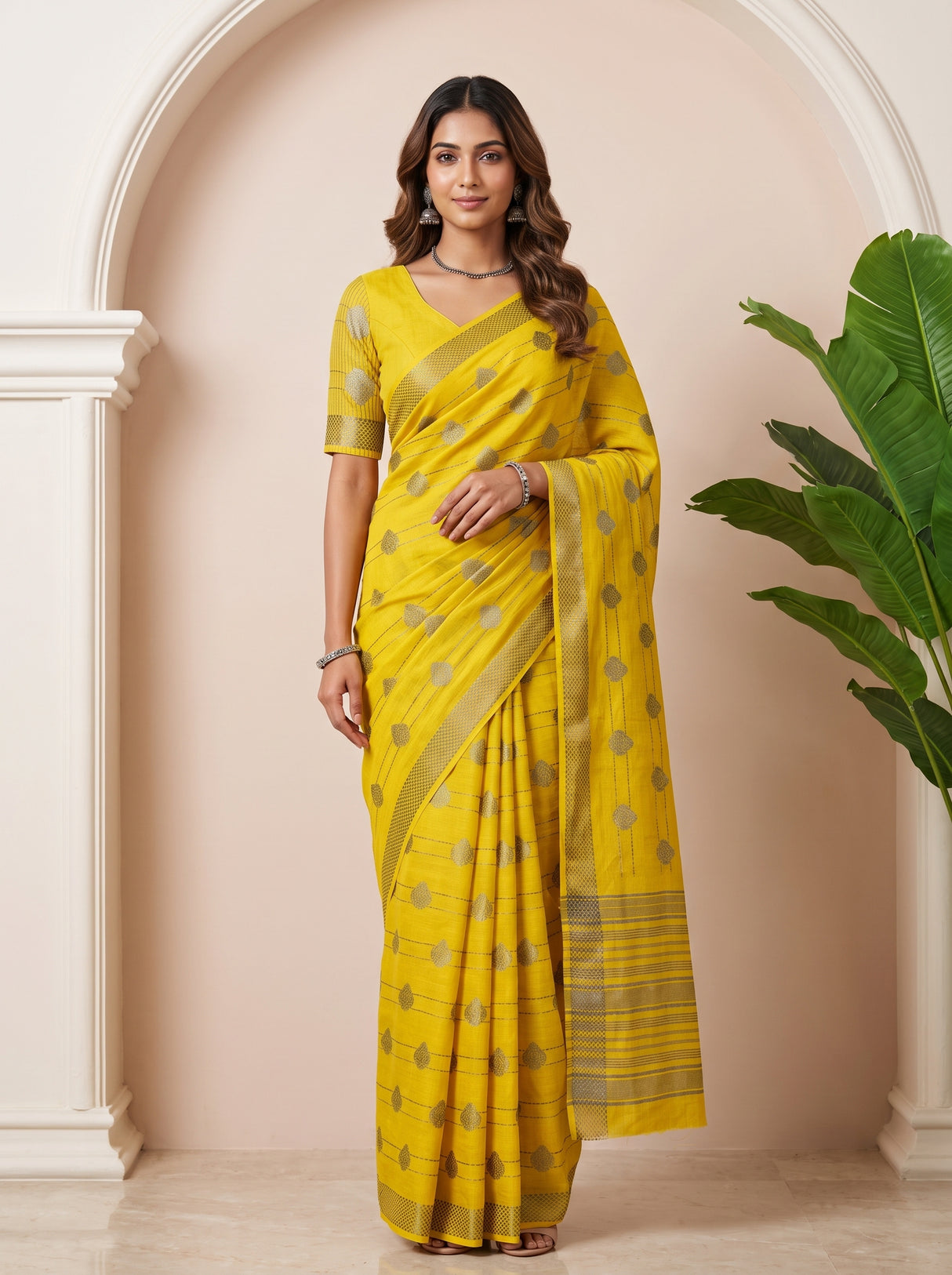 MIMOSA Lemon Banarasi tusser Saree — AI Model lifestyle pose