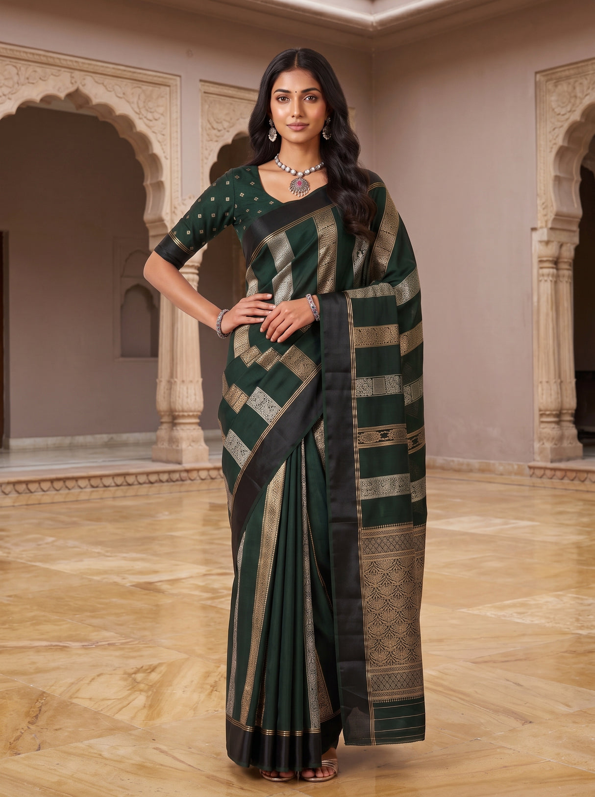 MIMOSA Bottle Green Saree Saree — pose 4 styling detail
