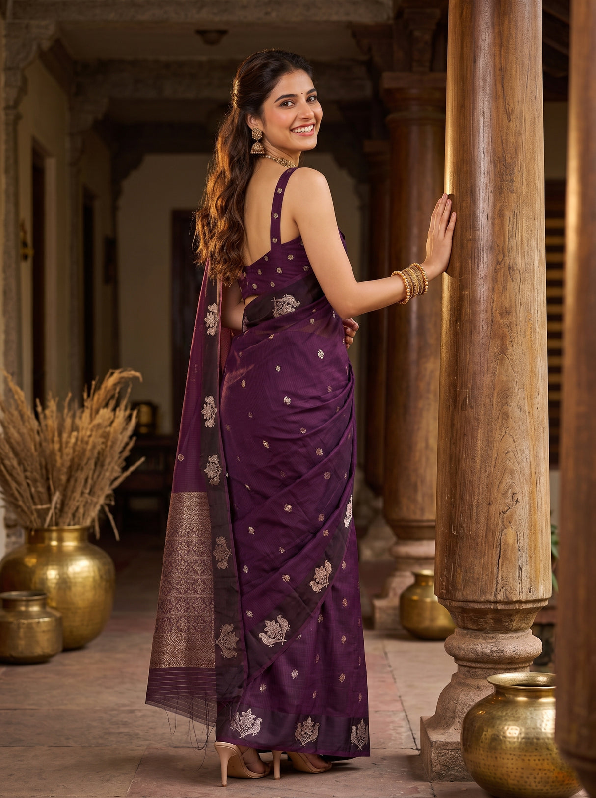 MIMOSA Jamun Manipuri Linen Saree — pose 7 styling detail