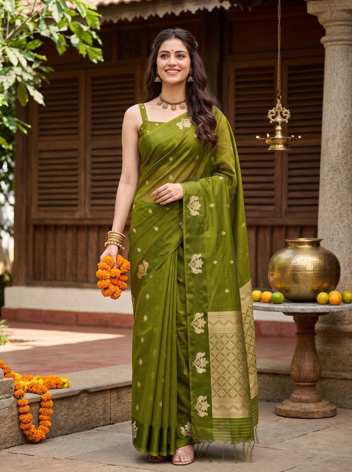 MIMOSA Olive Manipuri Linen Saree — AI Model lifestyle