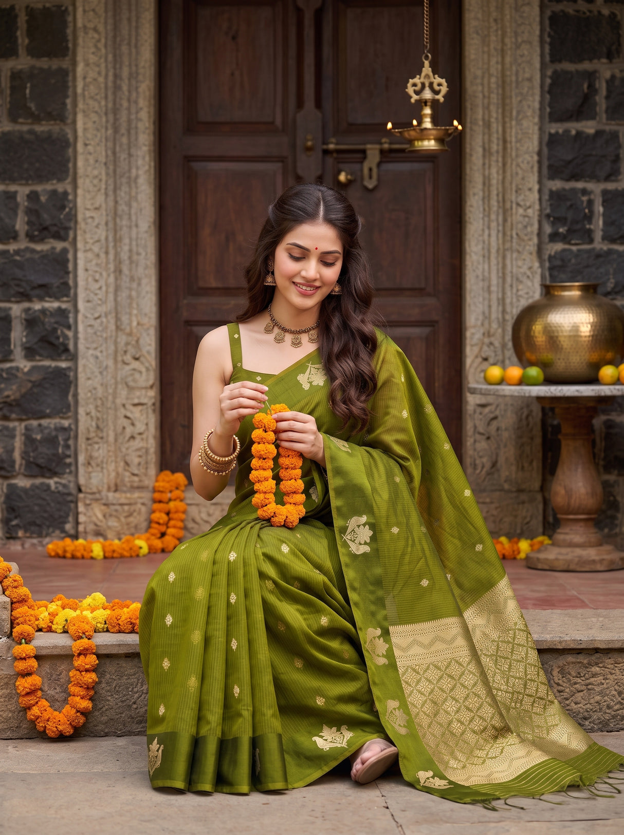 MIMOSA Olive Manipuri Linen Saree — pose 8 styling detail