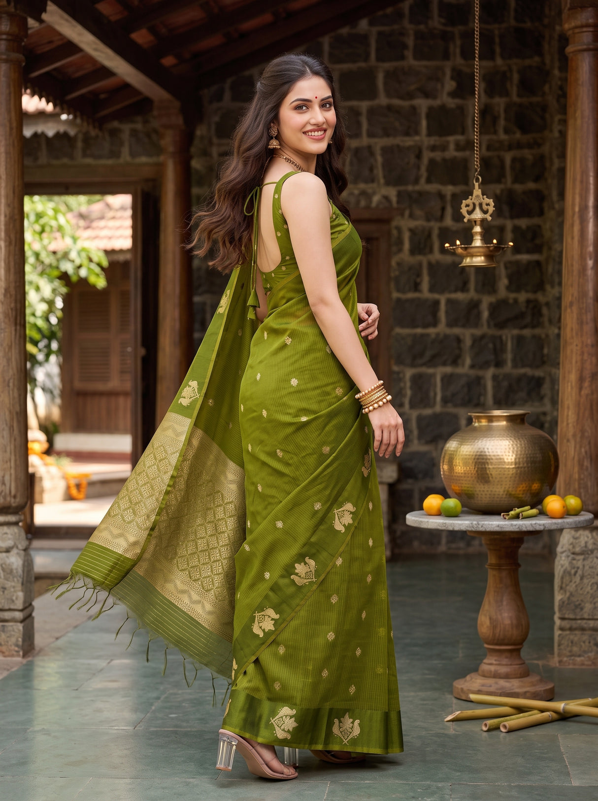 MIMOSA Olive Manipuri Linen Saree — pose 9 styling detail