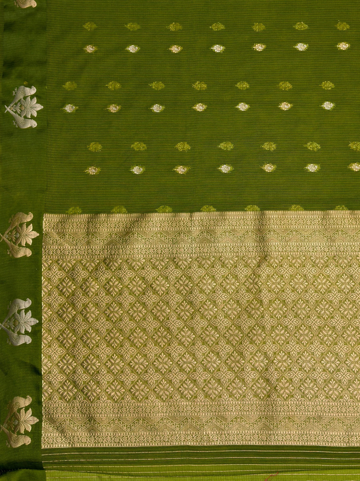 MIMOSA Olive Manipuri Linen Saree — pallu and zari work detail