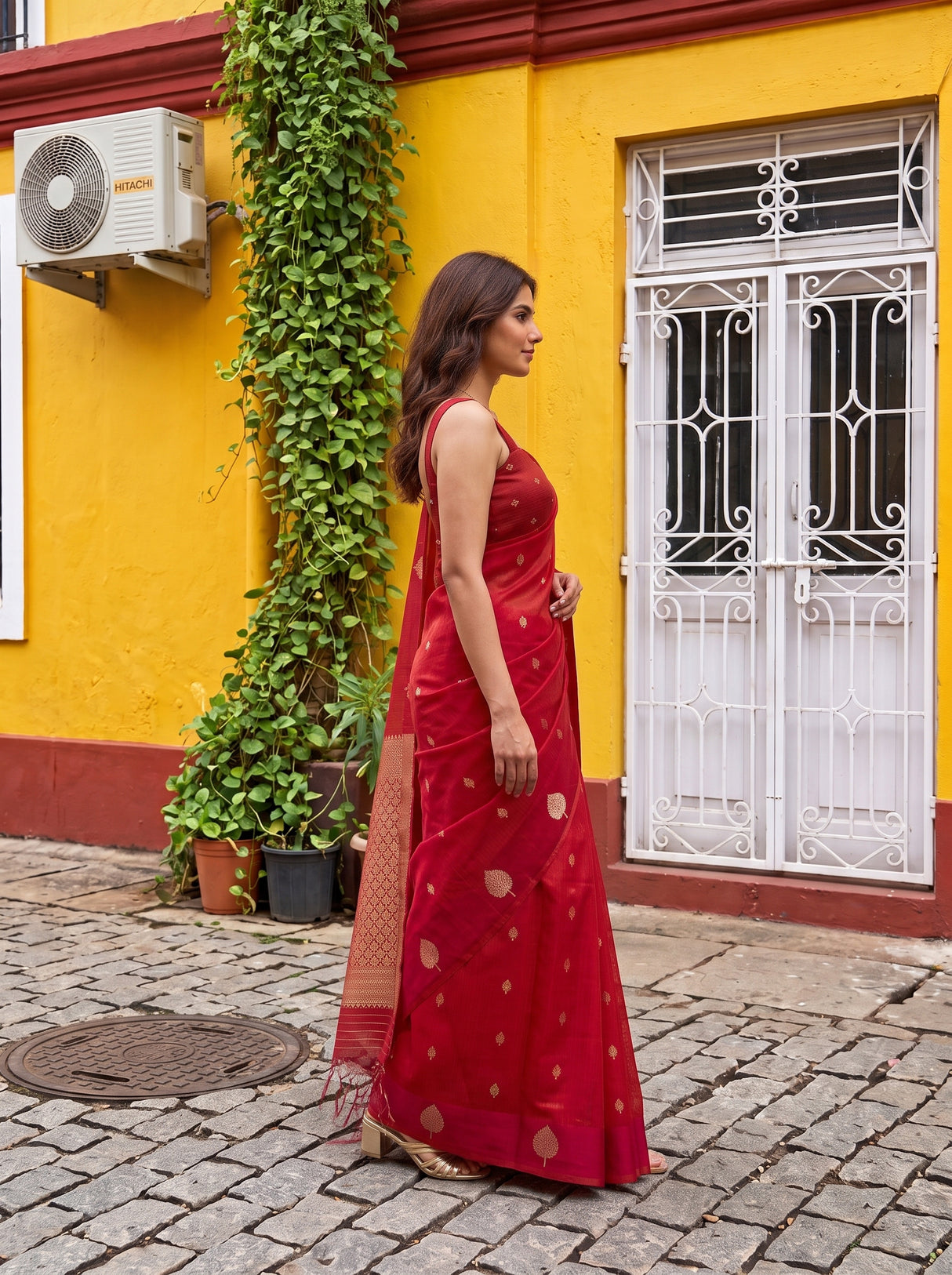 MIMOSA Red Manipuri Linen Saree — pose 3 styling detail