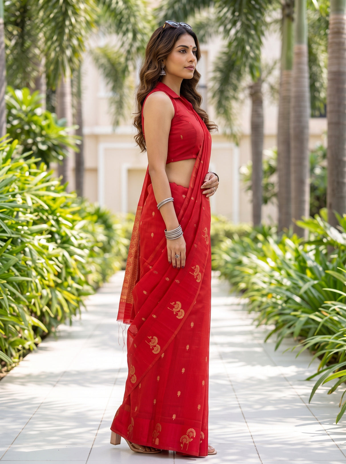 MIMOSA Red Manipuri Linen Saree — pose 3 styling detail