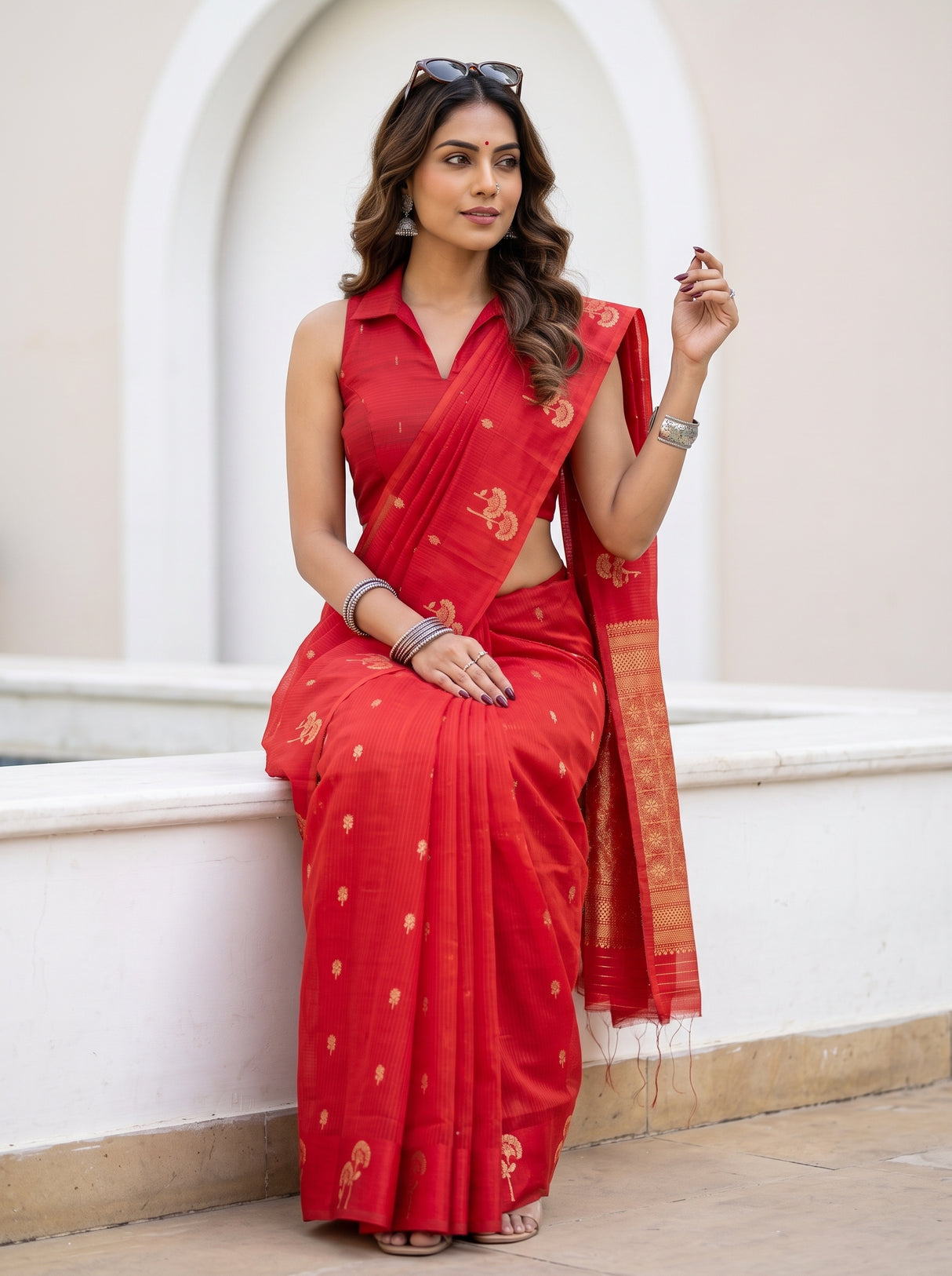 MIMOSA Red Manipuri Linen Saree — pose 8 styling detail