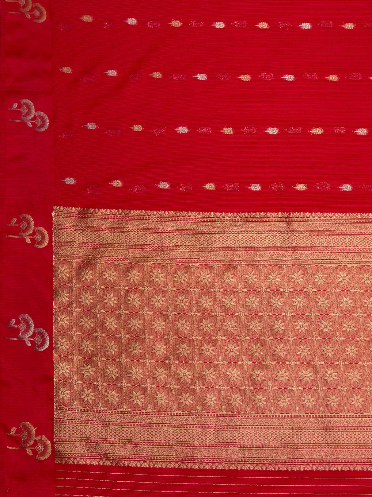 MIMOSA Red Manipuri Linen Saree — pallu and zari work detail
