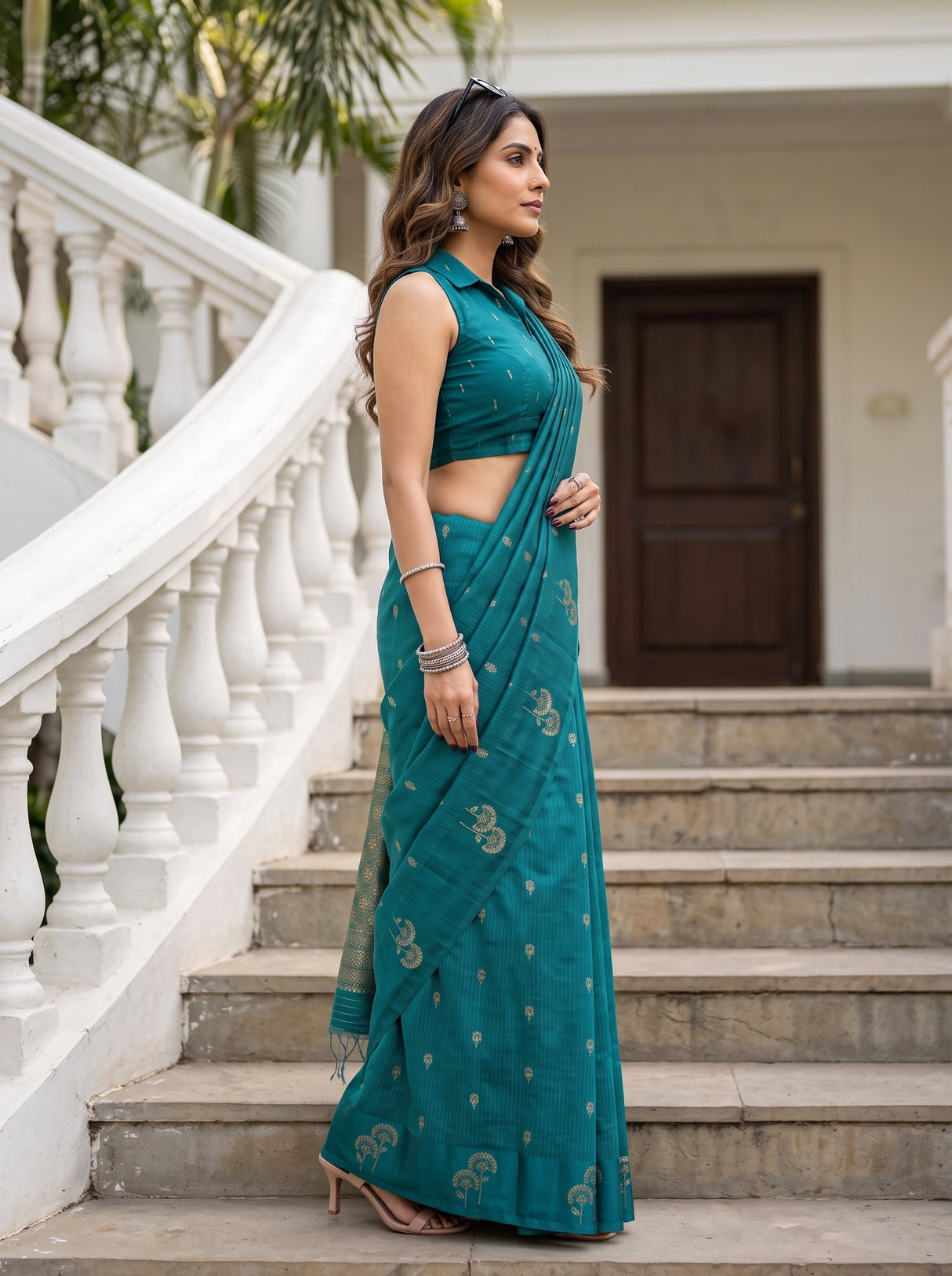 MIMOSA Sapphire Manipuri Linen Saree — pose 3 styling detail