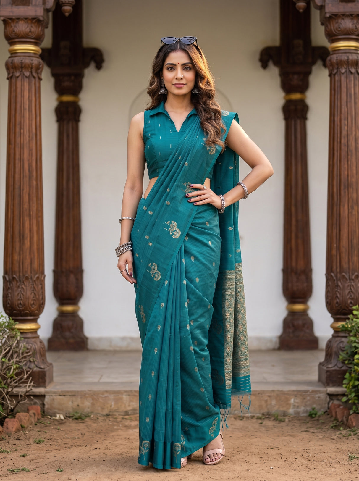 MIMOSA Sapphire Manipuri Linen Saree — pose 4 styling detail