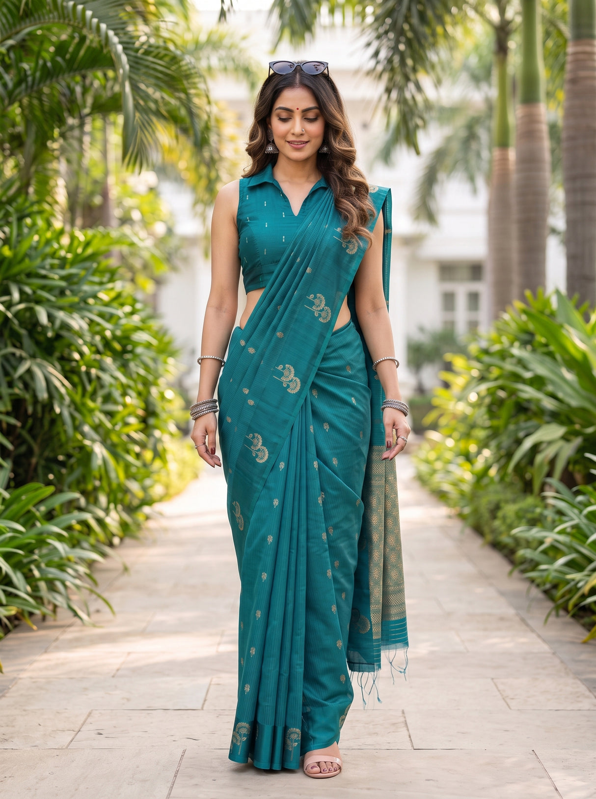 MIMOSA Sapphire Manipuri Linen Saree — pose 6 styling detail