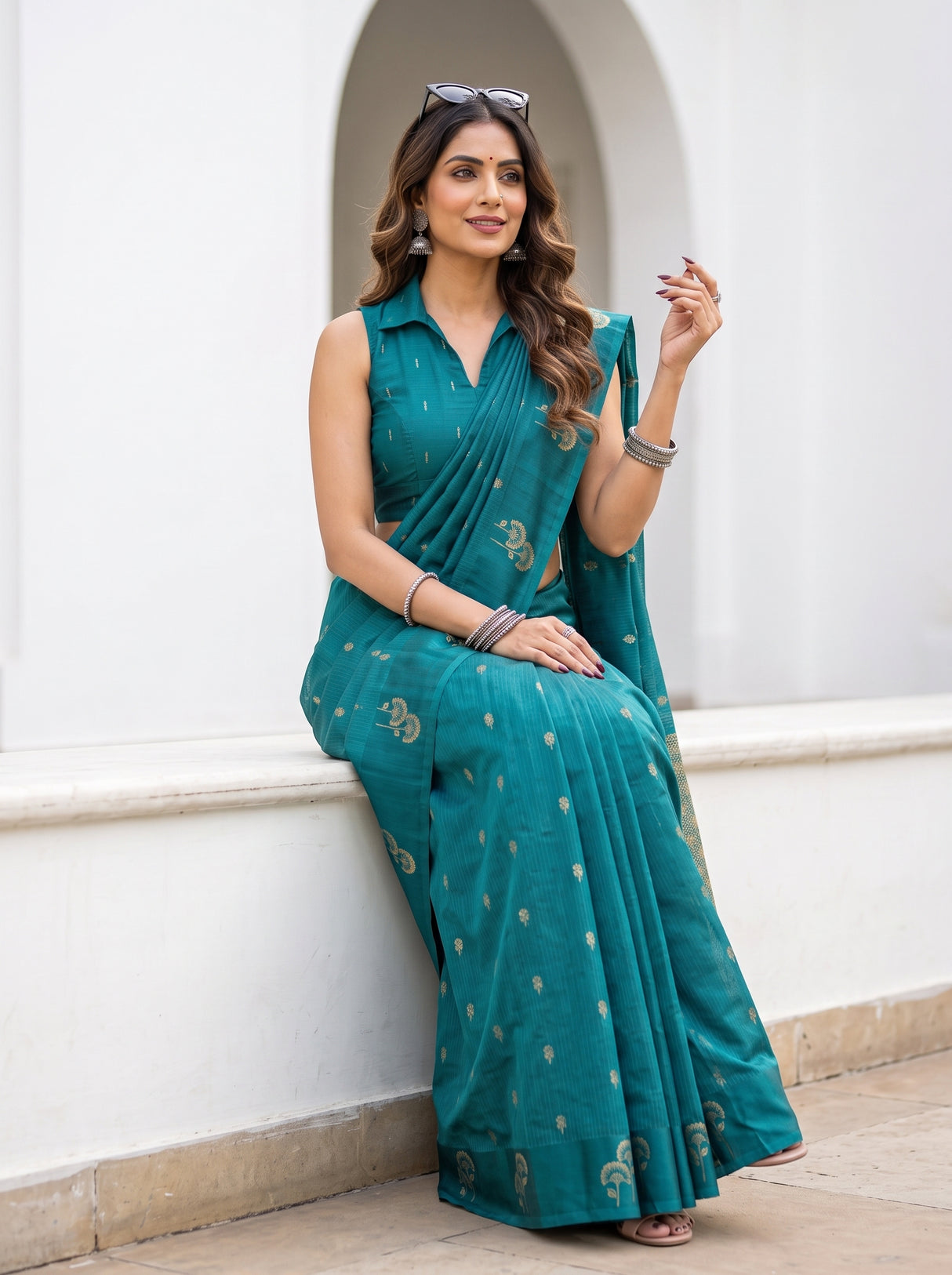 MIMOSA Sapphire Manipuri Linen Saree — pose 8 styling detail