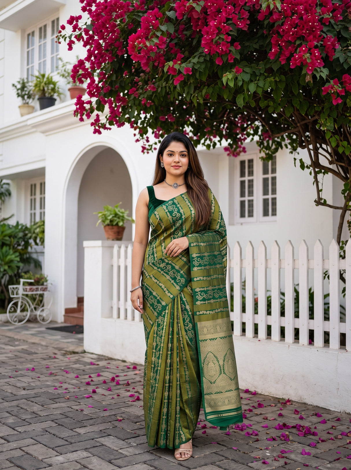 MIMOSA Green Saree Saree — front view on mannequin