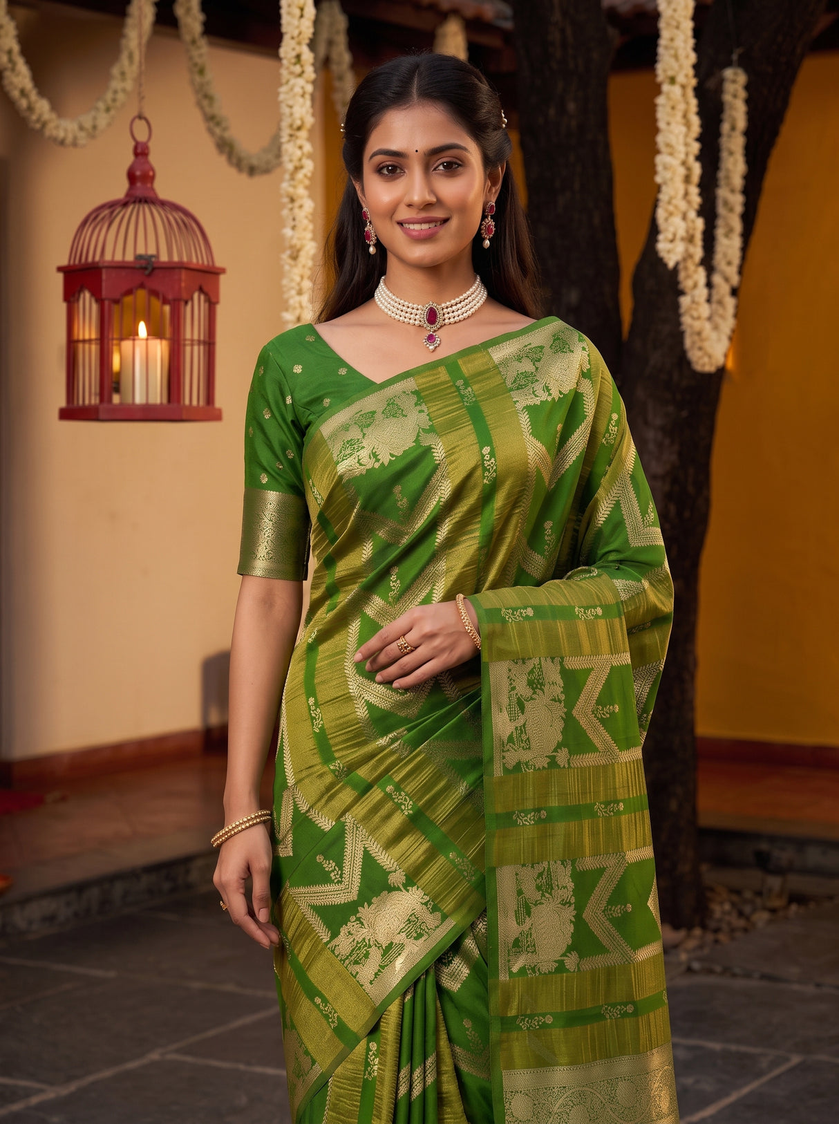 MIMOSA Parrot Green Saree Saree — pose 10 styling detail