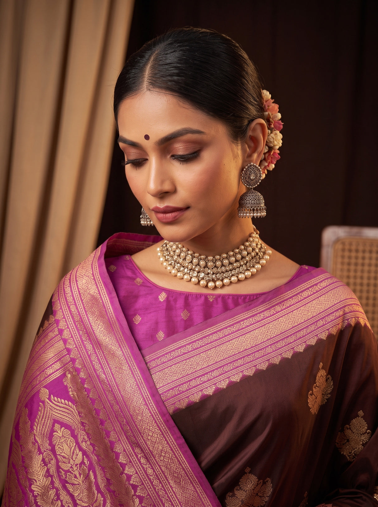 MIMOSA Chocolate Mysore Silk crepe Saree — pose 10 styling detail