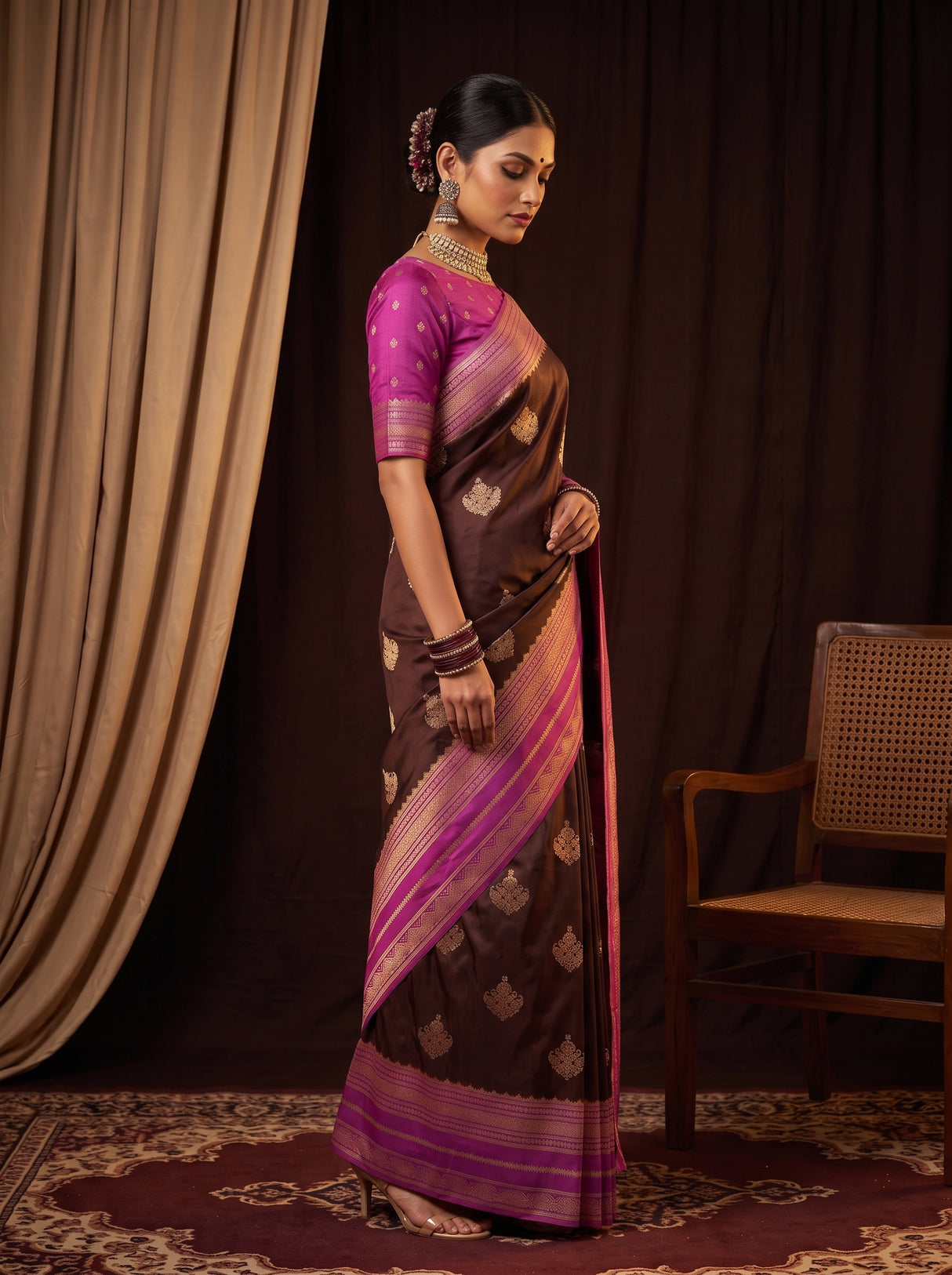 MIMOSA Chocolate Mysore Silk crepe Saree — pose 3 styling detail