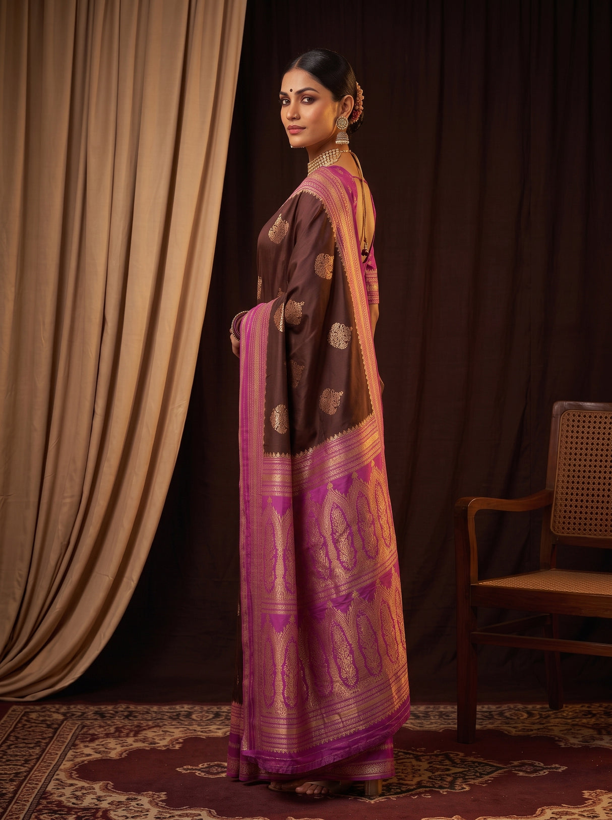 MIMOSA Chocolate Mysore Silk crepe Saree — pose 5 styling detail