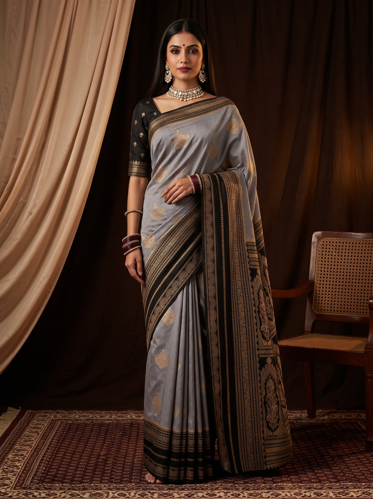 MIMOSA Grey Mysore Silk Saree — front view on mannequin