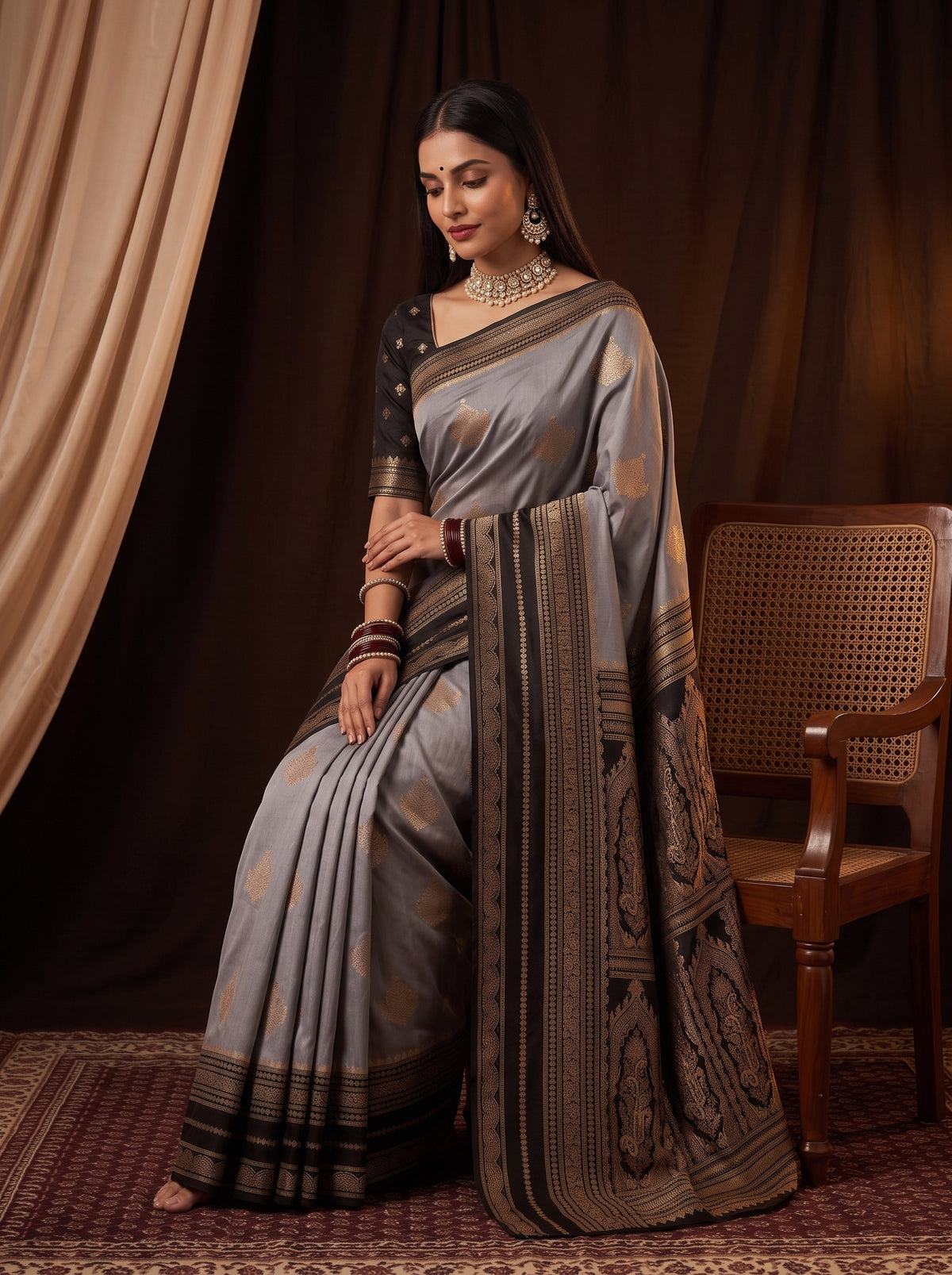 MIMOSA Grey Mysore Silk Saree — pose 10 styling detail