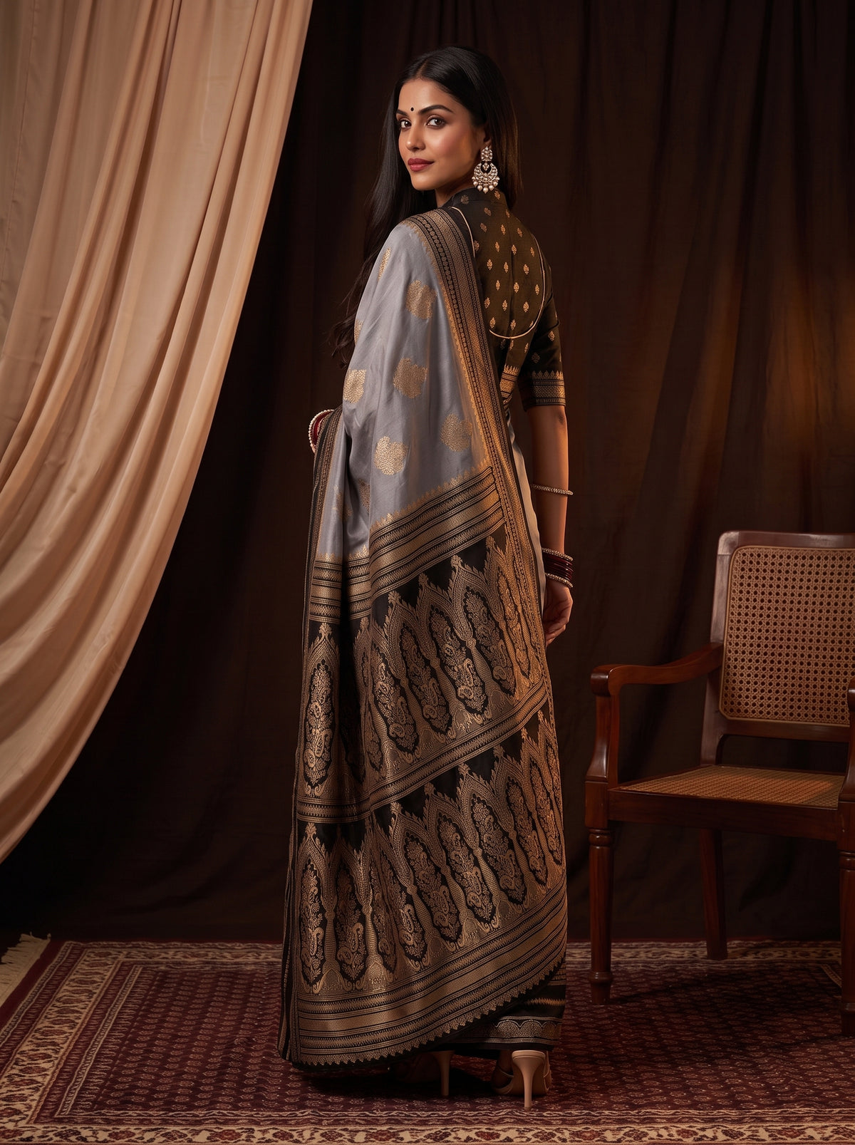 MIMOSA Grey Mysore Silk Saree — pose 7 styling detail