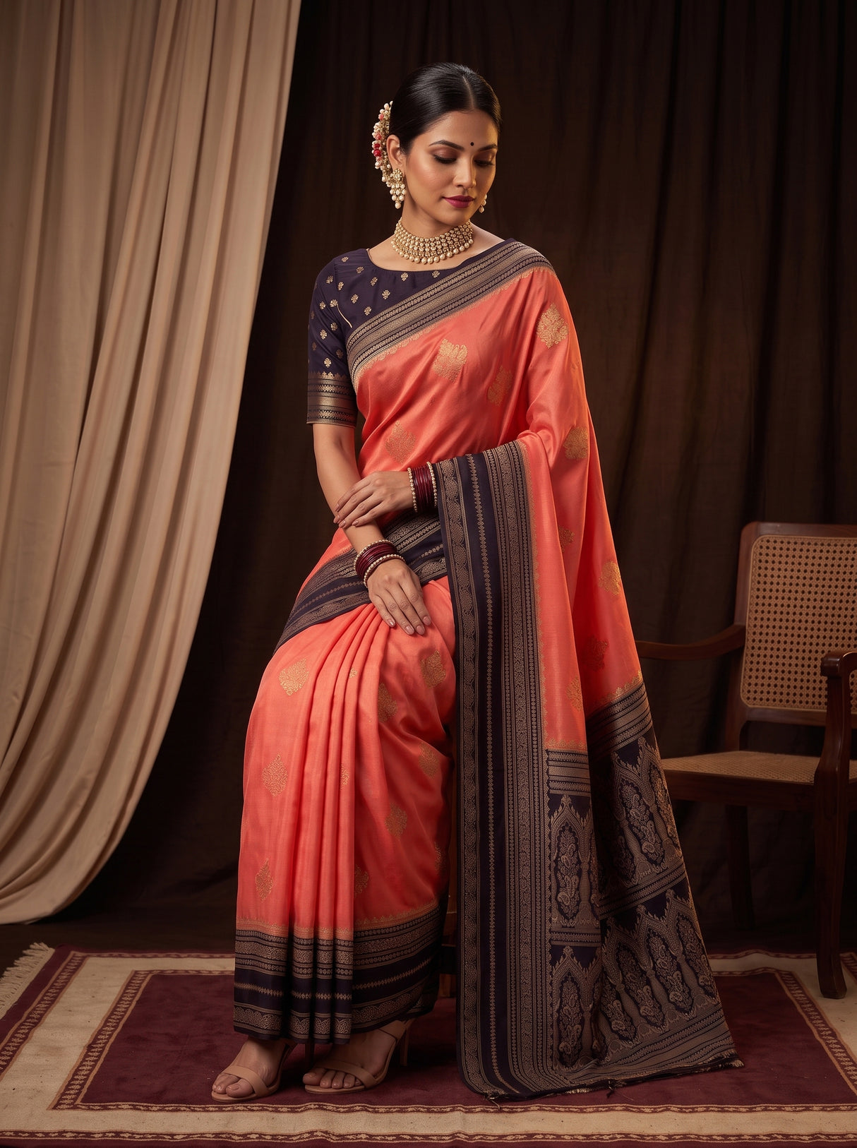 MIMOSA Peach Mysore Silk crepe Saree — pose 8 styling detail